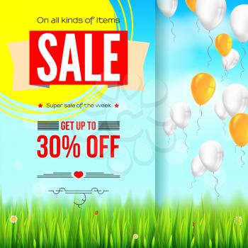 Summer selling ad banner, vintage text design. Thirty percent holiday discounts, sale background with yellow sun, green field, white clouds and blue sky. Template for shopping, advertising.