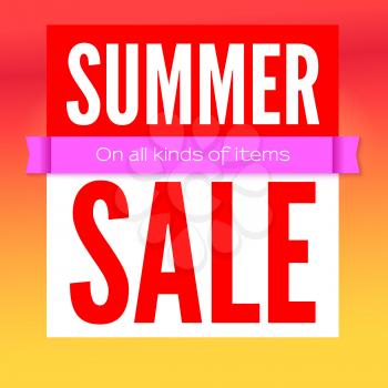 Summer sale commercial poster on hot background. Ad poster for shops with super sale on all kinds of items. 3D illustration