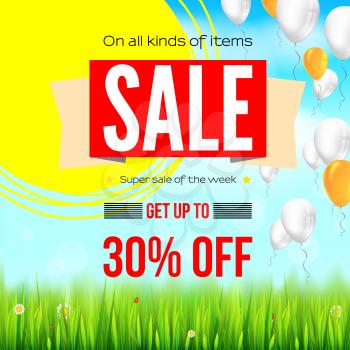 Summer selling ad banner with an inflatable colored balloons. Thirty percent holiday discounts, sale background yellow sun, green field, white clouds and blue sky. Template for shopping, advertising.