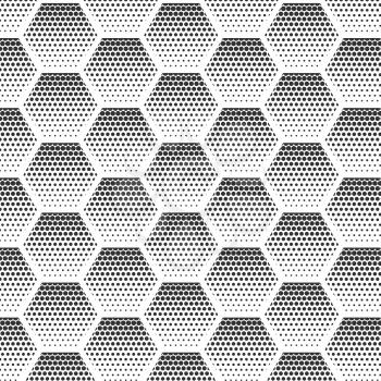Abstract halftone, minimalist seamless pattern on white background from hexagon. Gradient halftone pop-art retro style from dots. Template for ad, covers, posters, advertising actions.