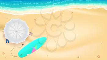 Summer sand of beach on the seashore. Umbrella, Mat, beach slippers and surfboard near the waves of sea. Horizontal summer background. Template for online shopping, advertising actions, magazines.