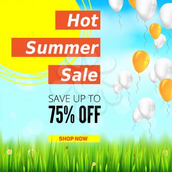 Summer selling ad banner with an inflatable colored balloons. Seventy five percent discounts, sale background, yellow sun, green field, white clouds and blue sky. Template for shopping, advertising.