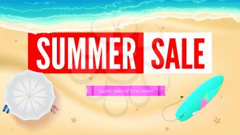 Summer sand of beach on the seashore. Selling ad banner. Summer vacation discounts. Umbrella, beach Mat and slippers, surfboard near the waves of sea. Summer sale horizontal background.