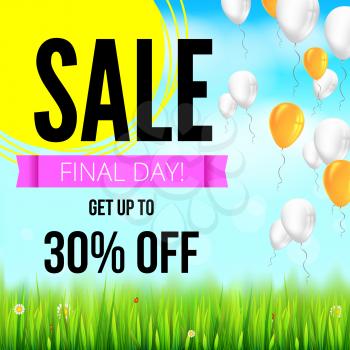 Summer selling ad banner with an inflatable colored balloons. Thirty percent holiday discounts, sale background, yellow sun, green field, white clouds and blue sky. Template for shopping, advertising.
