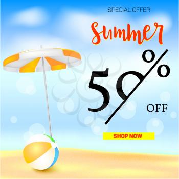 Selling ad banner, vintage text design. Fifty percent summer vacation discounts, The sandy beach background with sun umbrella and bouncy ball. Template for online shopping, advertising actions.