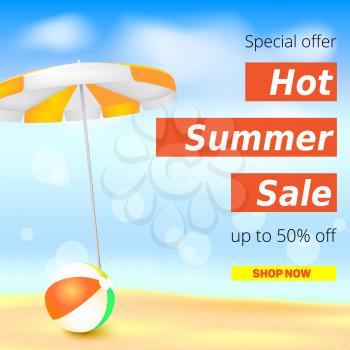 Selling ad banner, vintage text design. Fifty percent summer hot discounts, The sandy beach background with sun umbrella and inflatable ball. Template for online shopping, advertising actions.
