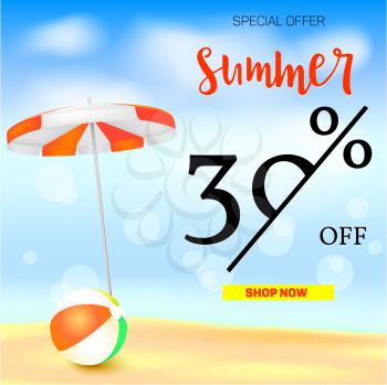 Selling ad banner, vintage text design. Thirty percent summer vacation discounts, The sandy beach background with sun umbrella and bouncy ball. Template for online shopping, advertising actions.