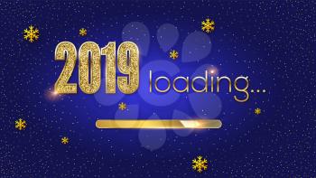 Greetings with Loading New Year 2019. Golden load bar, snowflakes and glittering text. Greetings with design of text from golden dust. Vector illustration, eps10.