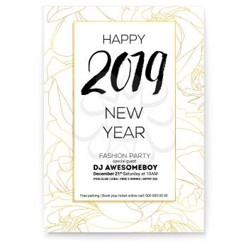 Happy New year greetings with floral background. Fashion party poster Background with outlines of roses bud. Design of hand-drawn calligraphic text and sketches roses in doodle style