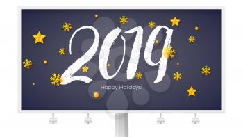 Design of Happy New Year poster with calligraphy and golden Christmas toys. Billboard with hand written lettering 2019, gold snowflakes and stars. Vector illustration for holidays party, EPS 10 file