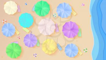 Top view on summer filled beach in paper craft style. Aerial view on seashore with sun umbrellas, deck chairs, balls, swimming ring, surfboard, sandals, starfish. Horizontal background.