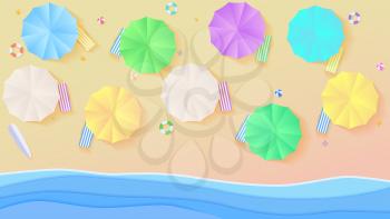 Aerial view on summer filled beach in paper craft style. Top view on seashore with sun umbrellas, deck chairs, balls, swimming ring, surfboard, sandals, starfish. Background template for cover.