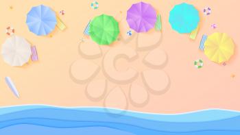Aerial view of summer beach in paper craft style, flat lay. Top view on seashore with sun umbrellas, deck chairs, balls, swimming ring, surfboard, sandals, starfish. Beach from paper cut out layers.