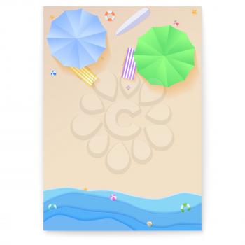 Cover design with summer beach in style of cut out paper, flat lay. Aerial view on seashore with sun umbrellas, deck chairs, balls, swimming ring, surfboard. Beach from paper cut out layers