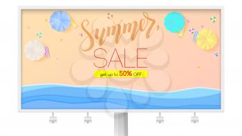 Summer sale. Billboard with seashore, sandy beach, sun umbrellas, top view. Get up to fifty percent discount. Vacation on sea beach. Summer discount offer. Template for travel agency and shops.