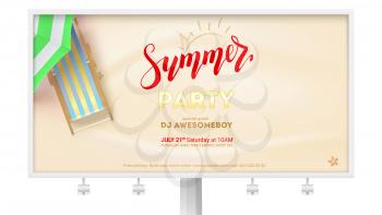 Summer party on seascape seashore with sandy beach. Billboard with design of text and advertising on sandy beach backdrop. Vector poster with sun umbrella and deck chair. Summer party invitation.