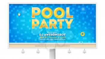 Summer party in swimming pool. Billboard with invitation and design of text. Top view on pool with blue water, inflatable ball and circles. Vector template for leaflets, banner, magazine