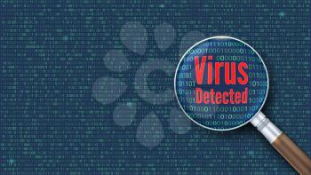 Virus detected. Scanning and identifying a computer virus inside binary code listing. Magnifying glass increases the area of the code with computer virus.