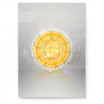 Poster with virtual currency Bitcoin. Icon of digital money, golden digital coin. Design of banner with crypto currency and UI elements. Ready for print on cover, leaflets, using in presentations.