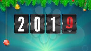 New year background with fir-tree branches and Christmas balls. Flip countdown timer with changing numbers of year. Happy new year. Vector template with Countdown timer to holiday events
