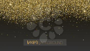 Golden glitter texture. Sparkling snow dust falling down. Template for New year and Christmas cards. Shining vector background for cover, luxury invitation, birthday or holiday cards, certificate.