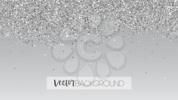 Silver glitter falling down. Shining sparkle texture. Template for New year and Christmas cards. Horizontal vector background for cover, book layout, luxury invitation, birthday or holiday cards.