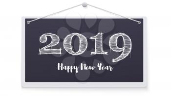 2019 hand lettering with chalk on hanging note Board, black background. Happy New Year card design. Vector 3d illustration EPS 10 file