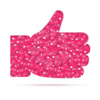 Hand thumbs up. Red icon of likes filled of symbols of social media network activity. Notification of likes, comments, follow. Sign of social network activity with counters. Vector 3D illustration.