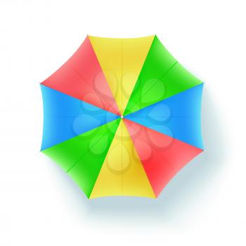 Multicolor beach umbrella, top view. Icon of open parasol isolated on white background. Vector concept 3D illustration, object of summer holidays on sunny beach, flat lay.