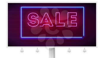 Neon sale sign on dark wall background. Editable vector billboard. 3D illustration with glowing shapes isolated on white. Luminous signboard, nightly advertisement of sales and discount events