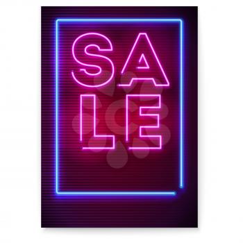 Neon sale sign on dark background. Luminous signboard, nightly advertisement of sales and discount events. 3D illustration with glowing shapes isolated on white. Resizable vector poster. Ready to use.