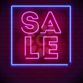 Neon sale sign on dark wall background. Modern design of text. Resizable 3D illustration, vector with glowing shapes Luminous signboard, nightly advertisement of sales and discount events and actions