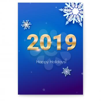 Cover with 2019 golden text and snowflakes. Design of Happy New Year holidays with paper cut snowflakes. Vector illustration for holidays party, leaflets. EPS10 file