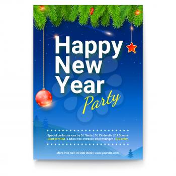 Holiday poster for Happy New Year events. Design of cover for new year parties. Branches of Christmas tree and flares of lights on background of winter night. Vector illustration for holidays, eps 10.