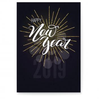 Happy new year. Concept of holidays card with white calligraphic text on black poster. Festive vector 3D illustration with design of handwritten text and shiny golden rays.