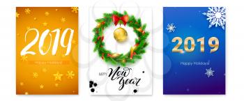 Set of holiday posters for Happy New Year events. Covers with design of text, Christmas toys, wreath of fir branches. Cards with calligraphic and golden text. Vector illustration for holidays.