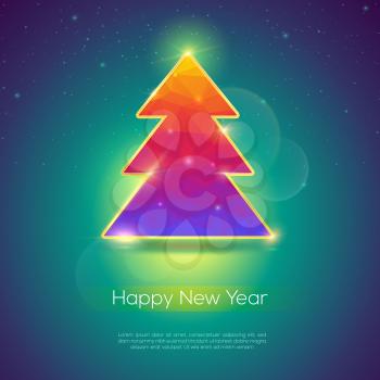 Holiday cover for Happy New Year events. Golden xmas tree and flares of lights on Christmas background . Mosaic pattern, low poly triangles, geometric shapes. Vector illustration for holidays, eps 10