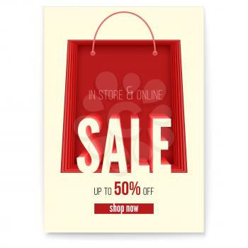 Shopping bag on poster with sales action in store and online get up to fifty percent discount. Paper cut style with design of text message. Design of layout for discount events, 3D illustration.
