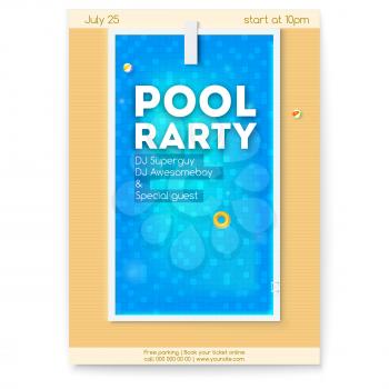 Summer party in swimming pool. Poster with design of text about party. Top view on pool with blue water, inflatable balls, circles and board for jumping into water. Vector template for events.
