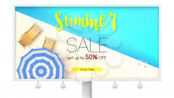 Billboard with summer sales action. Time limited offer. Get up to fifty percent discount. Top view of the blue water pool with deckchairs, sun umbrellas and design of text. Reduced prices on rest.