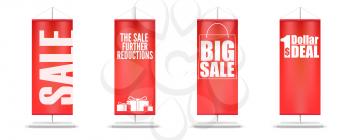 Sale. Set of different red flags with design of text and marketing offer. Discount offers. Exclusive deals on red banners. Vector 3d illustration isolated on white background. EPS 10 file