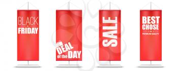 Sale. Set of different red flags with design of text. Discount offers for shoppings. Various deals on background on red banners. Vector 3d illustration isolated on white background. EPS 10 file