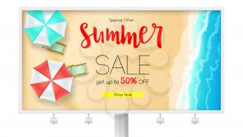 Billboard with sales action. Summer offer, get up to fifty percent discount. Seashore, sandy beach with deckchairs, sun umbrellas and design of text. Reduced prices, template for posters, banners.