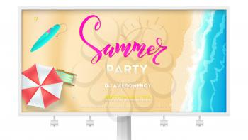 Summer party on seascape seashore with sandy beach. Advertising on Billboard. Vector poster of summer beach with waves of surf, sun umbrella, deck chair, surfboard. Cover, invitation on summer party.