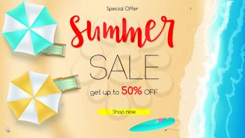 Sales action, summer offer. Get up to fifty percent discount. Seashore, sandy beach with deckchairs, sun umbrellas and design of text. Reduced prices on coastline backdrop, template for poster banner
