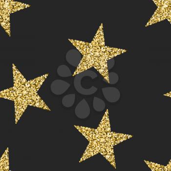 Seamless pattern with glittering stars. Shining texture with sparkle golden dust. Modern vector for textile, cloth, fabric, luxury invitation, birthday or holiday cards, certificate.