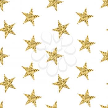 Seamless pattern with golden stars. Glittering texture with shining sparkle. Modern vector for textile, cloth, fabric, luxury invitation, birthday or holiday cards, certificate.