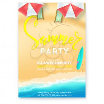 Summer party on seascape seashore with sandy beach. Vector poster of summer beach with waves of surf, sun umbrellas, deck chairs, surfboard. Cover, invitation on summer party, 3D illustration