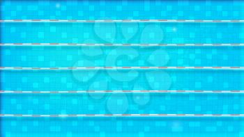 Paths for dip in the pool, top view. Texture of water in swimming pool, flat lay view. Reflexion on the water surface. Blue ripped water in Olympic sport object. Vector template for events, cover