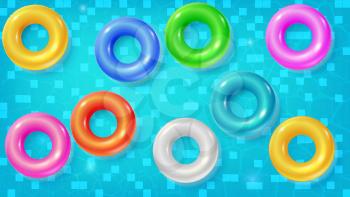 Set of swimming rings floating in the blue water of the pool, top view. Multi colored inflatable circles for swimming, flat lay. Vector icons, template for your summertime design, cover, posters.